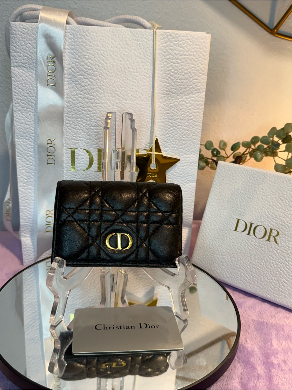 Christian Dior Caro Compact Bifold Wallet Black Cannage Calfskin Box & Dust Bag